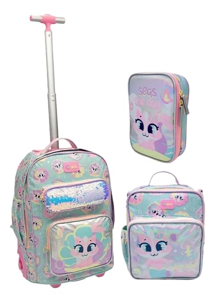 Kit Puket Gata Sereia: Mochila Escolar C/Rodinha Grande + Lancheira +Estojo Box - Puket Verde Água Gata Sereia