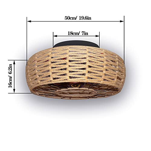 Hannahong 20" Bohe Caged Leafless Ceiling Fan With Light And Remote,Low Profile Bedroom Ceiling Fans,Woven Flax Twine Lampshade,7-Wood Grain Blades With 6 Speed Quietly Wind #TOP5