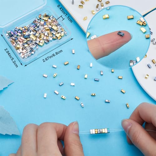 CREATCABIN 320Pcs 2 Hole Tila Beads Half Tila Beads 8 Colors Glass Seed Bulk Rectangle Mix Metallic Colour Mini Opaque Flat Loose Spacer for Craft Bracelet Necklace Earring Jewelry Making - Image 3