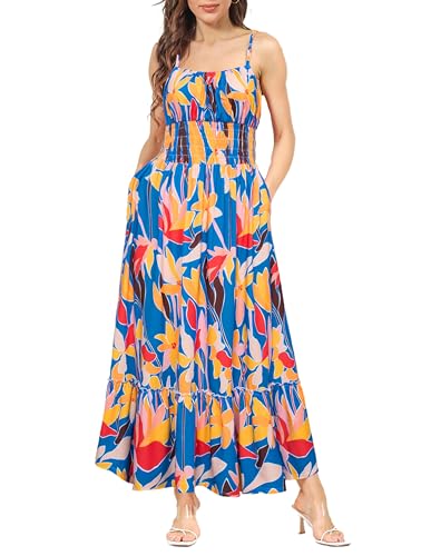 GRACE KARIN Kleid Damen Sommer Maxikleid Boho Kleid Ärmellos Blumenkleid Casual Cami-Kleid Smocked Cocktailkleid Rüschen Freizeitkleid Strandkleid...
