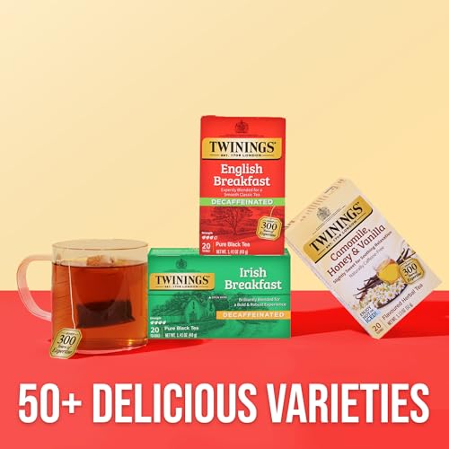 Image of Twinings Decaffeinated English Breakfast Individually Wrapped Bags, 20 Count (Pack of 1), Flavourful & Robust, Enjoy Hot or Iced, 20 Teabags