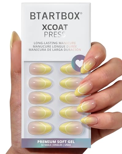 BTArtbox Press On Nails, First Light, Short Almond, Yellow Ombre, 32Ct