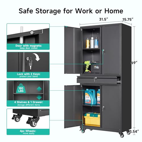 Image of Metal Garage Storage Cabinet with Wheels and Drawer,73 inch Tall Black Rolling Garage Cabinet with Locking Doors and Adjustable Shelves,Mobile Metal Storage Cabinets on Wheels for Home,Office,Garages,Tool