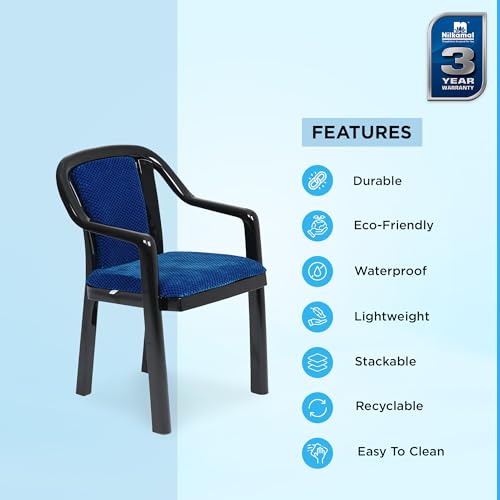 Image of Nilkamal Plastic Chair for Living Room with Arm & Cushion | 3 Year Warranty | for Home, Living Room, Outdoor | Iron Black & Blue Colour | Signature