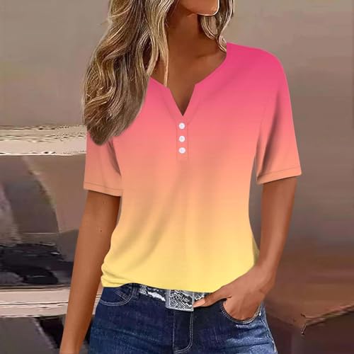 Camisetas femininas com gola V Henley de verão 2024, elegantes, básicas, de botão, manga curta, blus