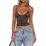 RUEWEY Women's Ruched Crop Cami Tops Sleeveless Spaghetti Strap Low Cut Camisole Summer Going Out Tank Tops (Coffee, M), Medium