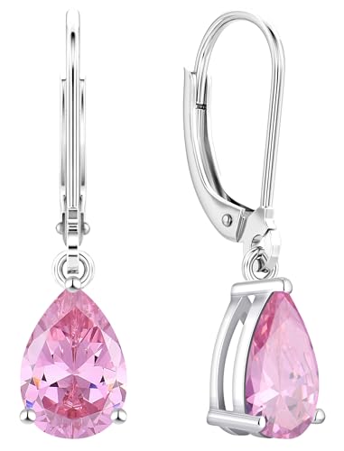 YL 925 Sterling Silver Teardrop Dangle Drop Earrings for Women 7x10 MM Solitaire Created Pink Tourmaline Leverback Jewelry