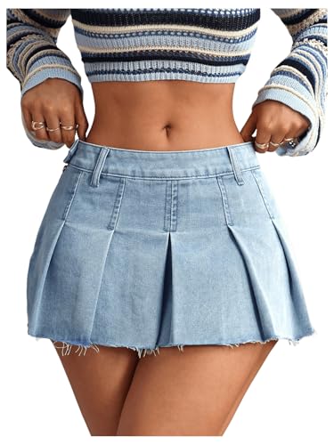 Verdusa Women's Raw Hem Pleated Mini Denim Skirt