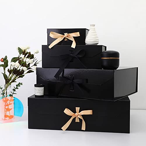 Black Gift Box 8X7X3.3 Inches, Luxury Gift Box With Ribbon, Empty Gift Box With Lid Magnetic Closure, Groomsman Box, Collapsible Small Gift Boxes For Presents Packaging, Wedding (Glossy Black) #TOP6