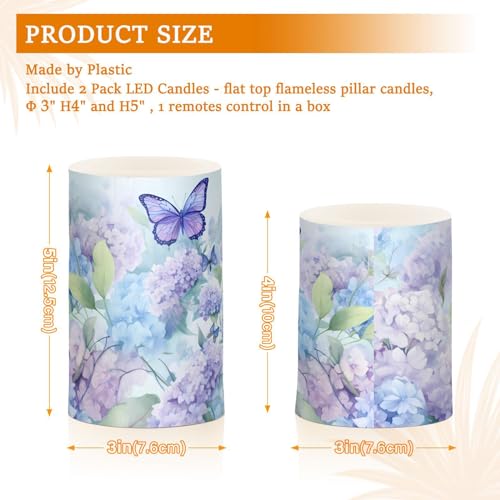 Image of ALAZA Blue Hydrangea Flowers with Butterflies Flickering Flameless Candles Battery Operated with Remote Timer,Tea Light Candles LED Pillar Votive Candles Set of 2 for Outdoor Indoor Decorations