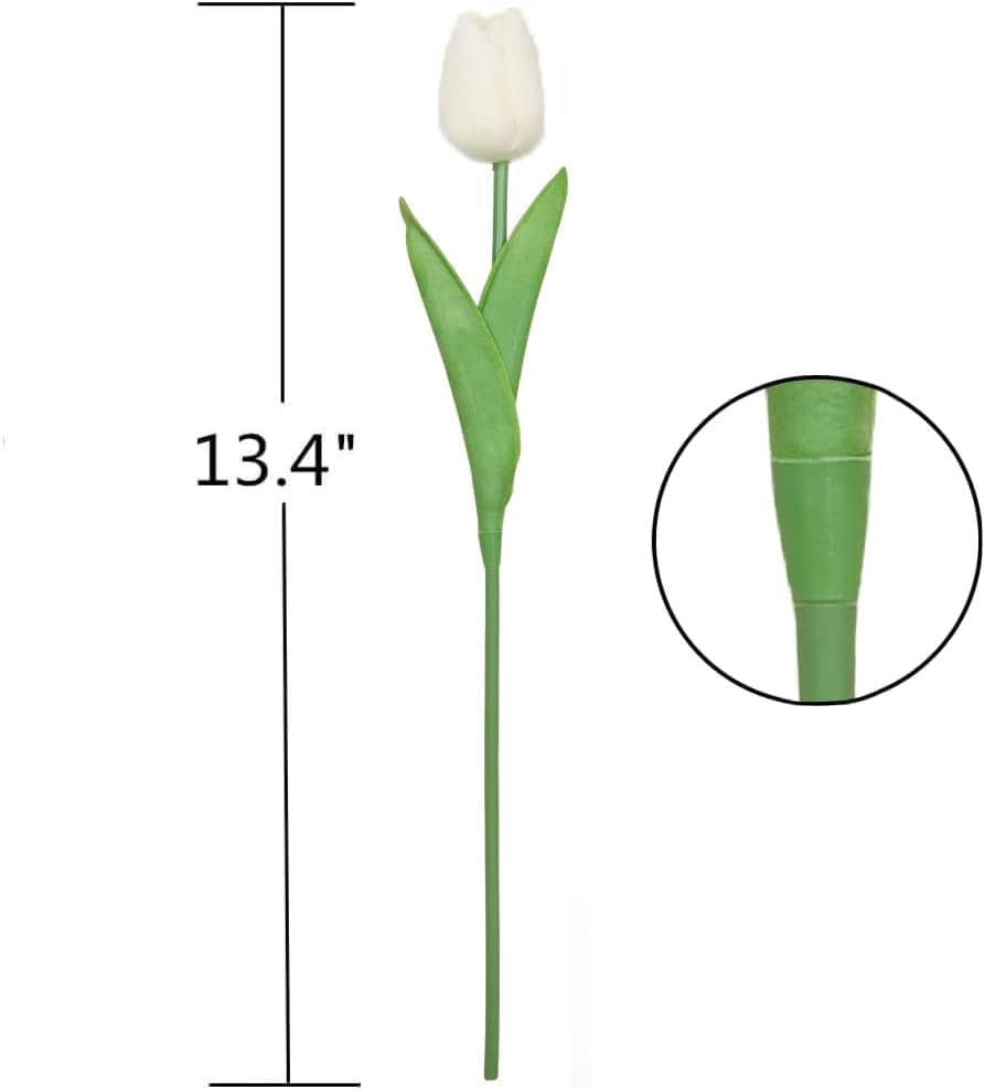 Image of Artificial Tulip Flower Stems (Pack of 5, Vase Not Included) - Realistic Faux Flowers for Home Decor, Living Room, Bedroom, Office, Wedding Decoration (White)