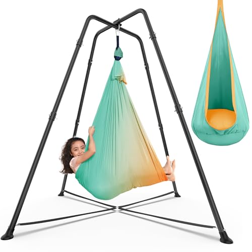 Swing Stand Frame with Sensory Swing Pod Chair, X-Shaped Swing Set, Metal Hammock Chair Stand for Adults Indoor and Outdoor 330LBS (Green)