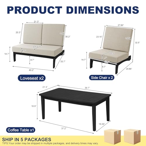 Image of Pia Ricoo 4 Piece Patio Furniture Sets, Outdoor Loveseat Sofa Set with 2 Chairs & Coffee Table, Patio Conversation Set for Backyard, Deck, Lawn, Light Camel, Dark Wood