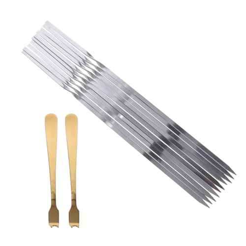 DECHOUS 12Pcs Bbq Stick Needles Set Long Flat Skewers for Grilling Meat Durable Forks for Barbecue Camping and Parties Comfortable Non Slip Grip