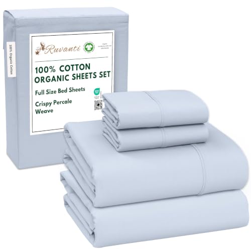 RUVANTI 100% Cotton Organic Full Size Sheets Percale Weave, Arctic Ice