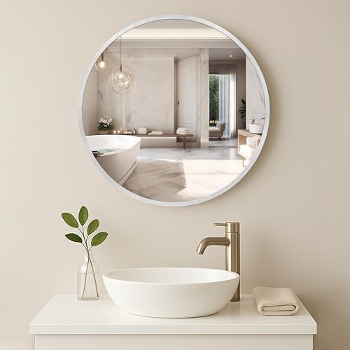 Image of Art Street Round Decorative Wall Mirror with Aluminum Metal Frame Silver | Modern Design Vanity Mirror for Makeup, Bedroom, Drawing Room, Bathroom Wash Basin (Silver, 60x60 cm)