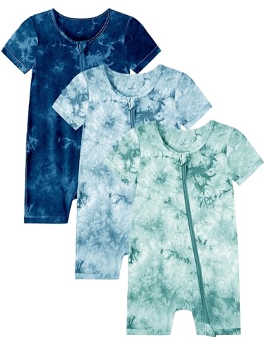 Image of Jimonda Baby GIRLS BOYS Rayon From Bamboo Pajamas 3 Pack Short Sleeve Footless Romper 2 Way Zipper Tie Dye Pjs 0-24M