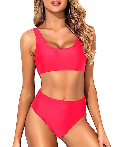 Image of Tempt Me Women Two Piece Scoop Neck Bikini Crop Top High Cut Swimsuit Sporty High Waisted Bathing Suit with Bottoms