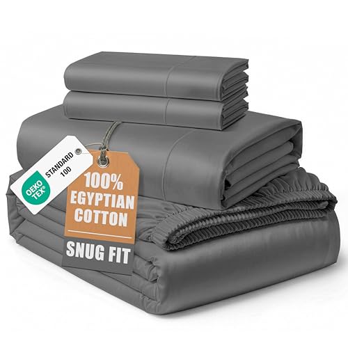 Image of LANE LINEN King Size Sheets 100% Egyptian Cotton Sateen - Charcoal Gray
