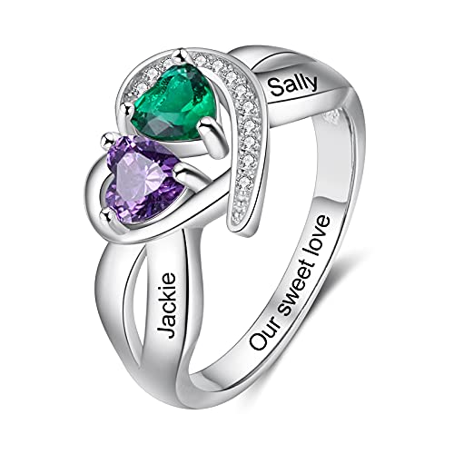 Personalized Promise Rings for Her Love Heart Women Engagement Custom Names Mothers Ring with 2 Simulated Birthstones Jewelry for Women (9)
