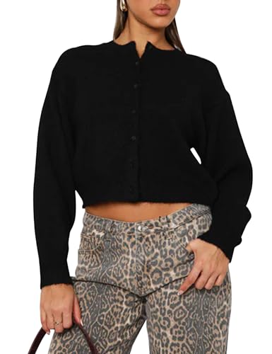 Image of MISSACTIVER Women's Button Down Cropped Cardigan Sweater Solid Open Front Long Sleeve Crewneck knitted Fall Cardigans Jacket Black, Small