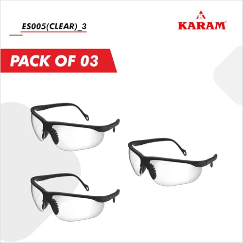 Image of Karam ES005 Safety Goggles with Transparent Lens | Scratch & Impact Resistant | Safety Glasses for Multipurpose Use for Pollution, Dust, Riding & Construction Work | PACK OF 3