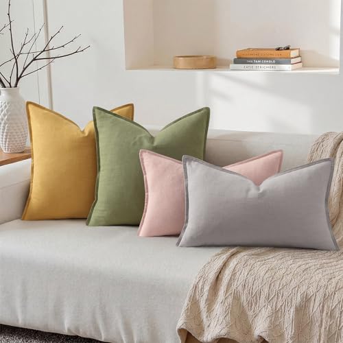 Image of decorUhome Decorative Linen Throw Pillow Covers 12x20 Inch Set of 2 Pink Lumbar Pillow Covers with Flange Edges Soft Farmhouse Boho Accent Pillow Cases for Couch Bed Living Room