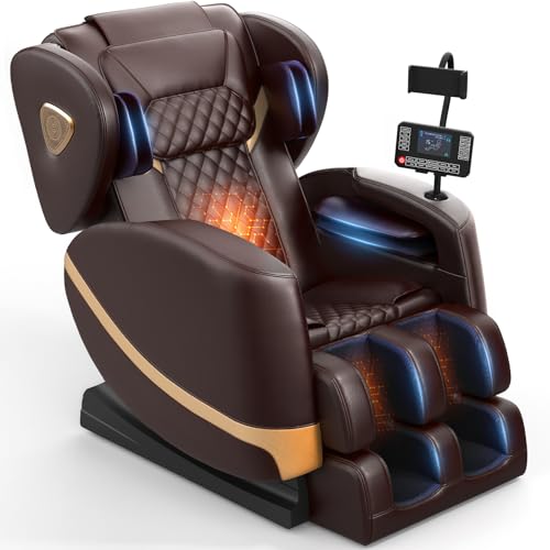 FURNIMAT 2025 Massage Chair Full Body, Zero Gravity Massage Chair with 10 Fix Rollers, Heating, Foot Massage, Auto Modes, Bluetooth Speaker, Touch Screen Controller (Brown Premium)