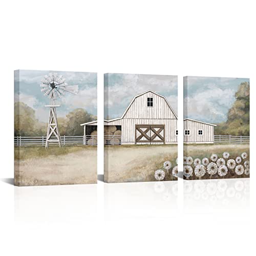 Atgowac Farmhouse Decor Barn Pictures Country Farmhouse Landscape Wall Decor Rustic White Barn Framed Canvas Wall Art Ready To Hang (12Inchx16Inchx3Panels) #TOP15