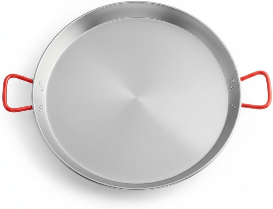 24" Carbon Steel Paella Pan with Dimpled Surface and Dual Loop Handles, 60 cm Polished Steel, Oven Safe, Lightweight, For Traditional Paella, Outdoor Cooking & Large Groups