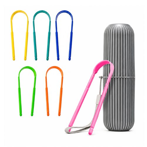 Image of MAXI Plastic Tongue Cleaner for Adults & Kids with Travel Case | BPA Free, Multicolor Plastic Tongue Scraper for Oral Hygiene, Removes Bad Breath & Bacteria, Easy Grip Handle (Pack of 6)