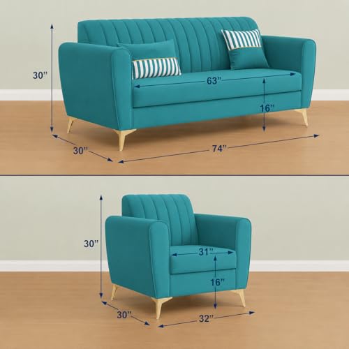 Image of Chesterfield Velvet Upholstery 3-Seater with Armchair and Footrest, Design in 3+1+Footrest Sofa for Living Room, Bedroom, Hallways (Teal Blue)