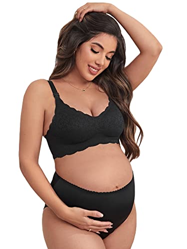 Image of OYOANGLE Women's Maternity Scallop Trim Nursing Bra Seamless Wireless Pregnancy Bra Black L