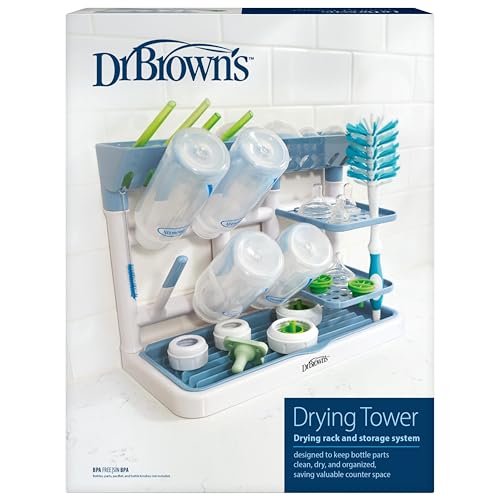 Dr. Browns Drying Tower Stand-Up Drying Rack Countertop Baby Bottle Drying with Organized Storage for Baby Essentials Space Saving Vertical Rack Blue/White
