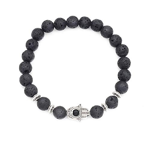 woobud Evil Eye Bracelet Hamsa Protection Bracelets Ojo Turco Turkish Handmade Hand of Fatima 7.5 Inch Charm Lucky Blue Eyes 8mm Beaded Stretch Bracelet for Women Mens Kids Gifts - Volcanic, Black