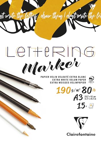 Clairefontaine 96582C - Bloc Collé Lettering A3 29,7x42 cm190g - 15 Feuilles de Papier Vélin Clairefontaine Extra-Blanc et Lisse - Idéal pour le Lettering