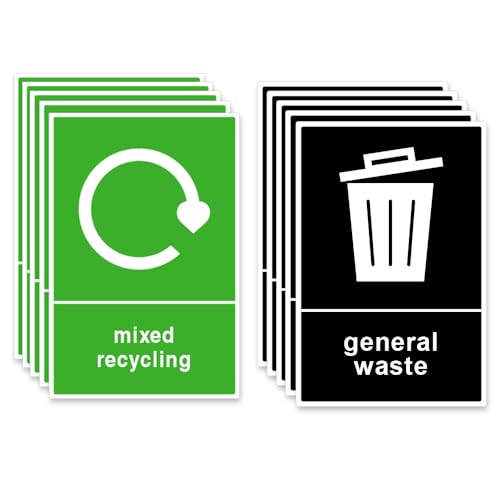 Papa Prints Pack of 10 Recycling Stickers Waterproof General Waste Stickers for Bins (100 x 150 mm) Self Adhesive Recycle Bin Stickers