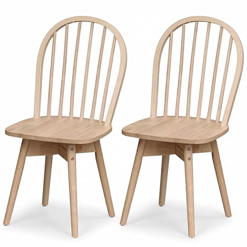 Image of COSTWAY Swivel Windsor Dining Chairs Set of 2, Solid Rubber Wood Armless Kitchen Chair with Tilt Back, Mid-Century Modern Side Chairs for Dining Room, Kitchen, Restaurant (Natural)
