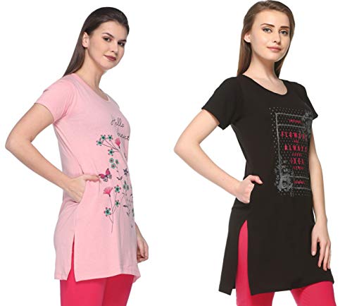 Image of In Love Pocket Tshirts for Women for Summer Long Length (Combo) (Deep Black :: Melange Pink) (XXXX-Large-48)