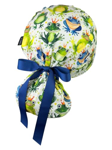 Image of Scrub Cap for Women and Men, Ponytail Scrub Caps, Working Hat, Head Cover with Ribbon Ties and Buttons, Long Hair