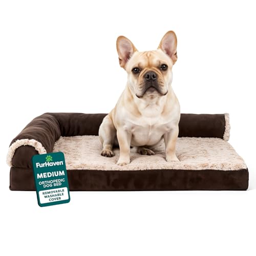 Furhaven Orthopedic Dog Bed for Medium/Small Dogs w/ Removable Bolsters & Washable Cover, For Dogs Up to 35 lbs - Two-Tone Plush Faux Fur & Suede L Shaped Chaise - Espresso, Medium,30"L x 20"W x 6"Th