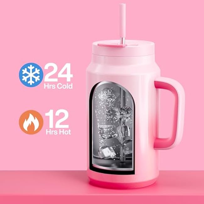 50 oz Tumbler with Handle and Straw, 100% Leak-Proof Insulated Cup Large Water Bottle with 2-in-1 Lid, Reusable Stainless Steel Travel Mug Water Jug, Non-slip Base, BPA-Free £¨Flamingo£©