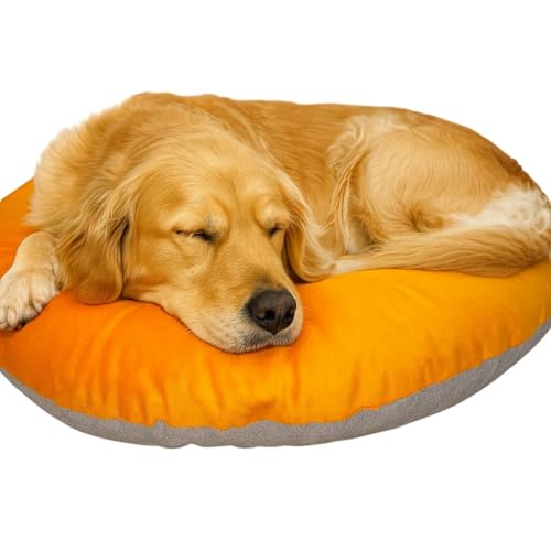 Image of The Pets Company Calming Dog & Cat Bed | Soft Fluffy Donut Reversible, Washable Pet Bed for Puppies | Cozy Plush Anti-Anxiety Cushion |, (L-34 Inch x B-34 Inch x H-5.5 Inch), Orange & Grey-Large