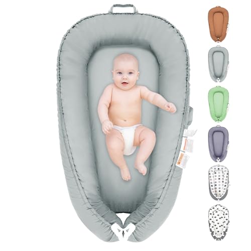 Image of Baby Lounger, 100% Cotton Newborn Lounger for 0-24 Months, Co Sleeping Breathable & Soft Baby Nest, Infant Lounger Baby Floor Seat, Portable Lightweight Lounger Newborn Babies Essentials(Light Gray)