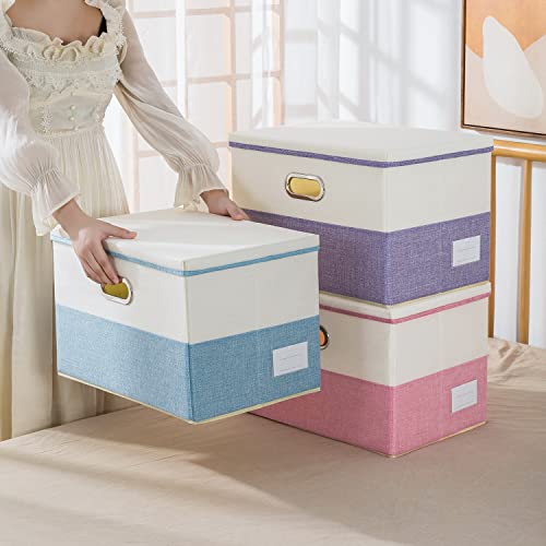 Image of PRANDOM Large Foldable Storage Boxes with Lids [3-Pack] Fabric Collapsible Storage Bins Organizer Containers Baskets Cube with Cover for Home Bedroom Closet Office Nursery Blue&Cream(17.7x11.8x11.8)