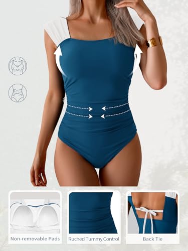 Image of B2prity Womens One Piece Swimsuit Retro Square Neck Tummy Control Bathing Suits Ruched Modest Full Coverage Swimwear