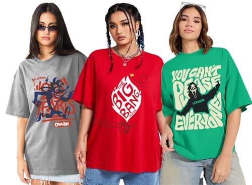 Image of LEOTUDE Women Cottonblend Oversized Baggy Fit Half Sleeve Round Neck Multicolor Combo T-Shirt for Women & Girls (Pack of 3)
