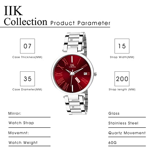 Image of IIK COLLECTION Watch for Women Round Studded Dial |Day and Date Quartz Movemnet |Long Battery Life|Stainless Steel Bracelet Chain Strap|Double Lock Clasp Safety Watches for Girls
