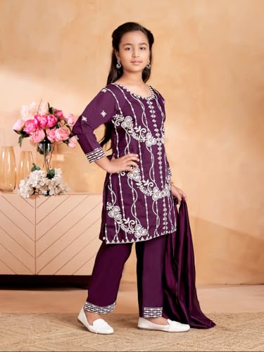 Image of Aarika Girls Ethnic Wear Purple Colour Thread Embroidery Kurti Pant Set With Dupatta