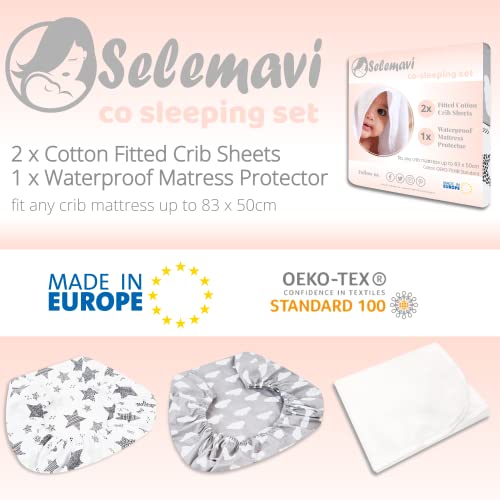 Next to Me Crib Sheets - 3pc Crib Fitted Sheets Set - 2 Fitted Cotton Sheets and 1 Waterproof Mattress Protector for Bedside Cribs - 100% Organic Cotton - Made in Europe (Grey Stars&Clouds, 83x50cm) - 7